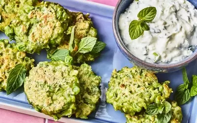 Spring Pea and Feta Fritters with Creamy Yogurt Dip