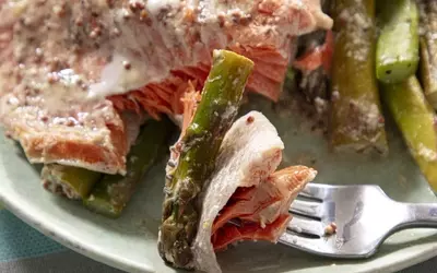Quick Baked Salmon and Asparagus with Mustard Sauce