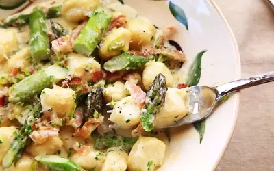 Rapid Ricotta Gnocchi with Spring Asparagus and Prosciutto Cream