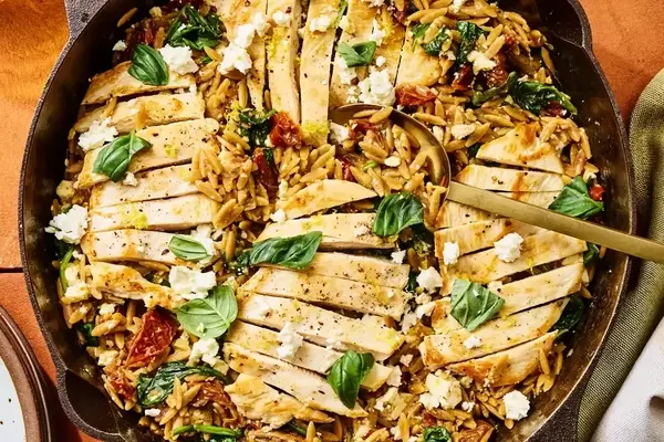 Delectable One-Pan Chicken, Spinach & Sun-Dried Tomato Orzo