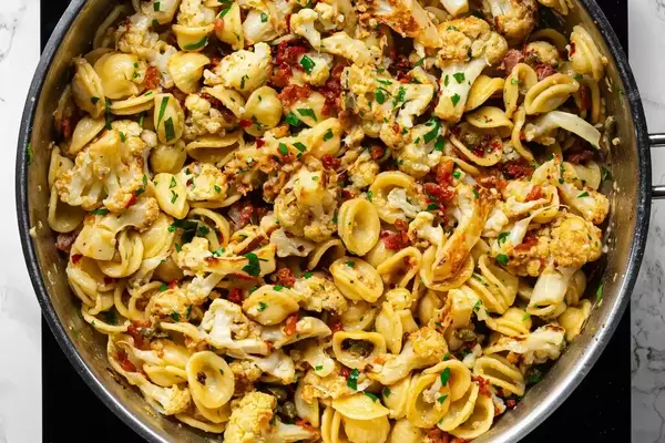 Lemon Pasta with Roasted Cauliflower, Capers, and Crispy Pancetta: A Weeknight Delight